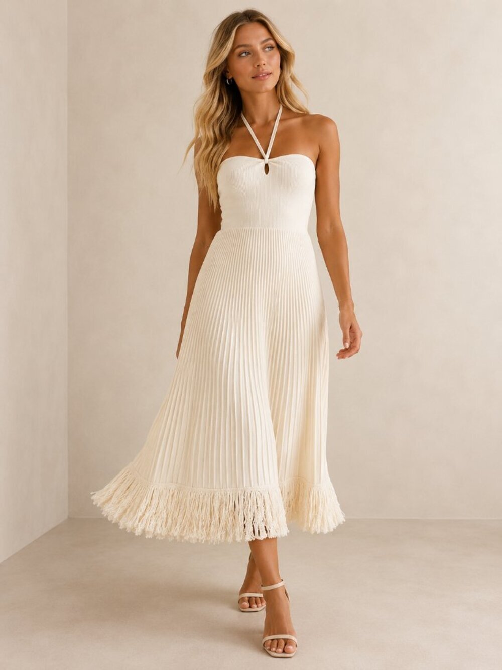 Express Ribbed Halter Neck Fringe Midi Sweater Dress Size XS 8386
